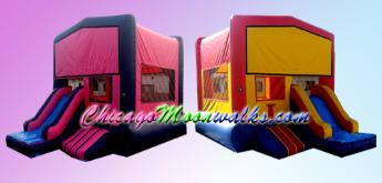 Modular Slide Moon Jump Rental, Bounce House Includes Basketball Hoop & Slide.  Add a Favorite Character Panel to This Rental at no Additional Cost. These 3-1 Combos are compact but Yet feature a Large Jumping Area. Rental in Chicago Illinois and Suburbs.