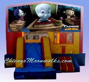 Casper The Friendly Ghost Inflatable Party Rental Moonwalk. Features Slide, Basketball Hoop, and Large Jumping Area. Rent a Bounce House with a Slide, to Maximize Kids Enjoyment. Halloween Costume Parties are Fun with Any Themed Inflatable Castle.  Reserve yours Today.