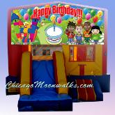 Happy Birthday Party Rental Moonwalk Illinois. Chicago Kids Party Rentals, Bounce Houses are A Perfect Addition. This Inflatable Jumping Jack will Provide Hours of Fun for Children�s Celebrations. Rent a Jumper with a Slide.  Includes Basketball Hoop, Large Jumping Area.