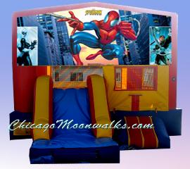 SpiderMan Moonwalk Rental.  Combo 3-1 Features Slide, Basketball Hoop. Chicago Moonwalks Provides Clean & Sanitized Bounce House Rentals.  Character Themed Party Rental.  Every Little Boy Wants Spiderman At His Party.  Be a Super Hero and Rent One Today.