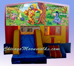 Winnie The Pooh Moonwalk Rental. Jumping Jack Character Party Rental, Chicago. Inflatable Moonbounce Features Tigger & Eeeyore too. This Combo Moonjump Has Safety Ramp & Slide.  Reserve in advance for any event in Chicago Illinois & Surrounding Suburbs.  This Bounce House will provide hours of non-stop fun!