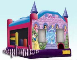 A magical Disney Princess Castle 5 in 1 Combo, perfect for your little darling.  Includes Obstacles, Slide, Climbing wall, Basketball Hoop & Large Jump area.  This moonwalks will be the highlight of your event.  Bounce house looks like a Royal Castle, and has beautiful colors, and features Princesses.